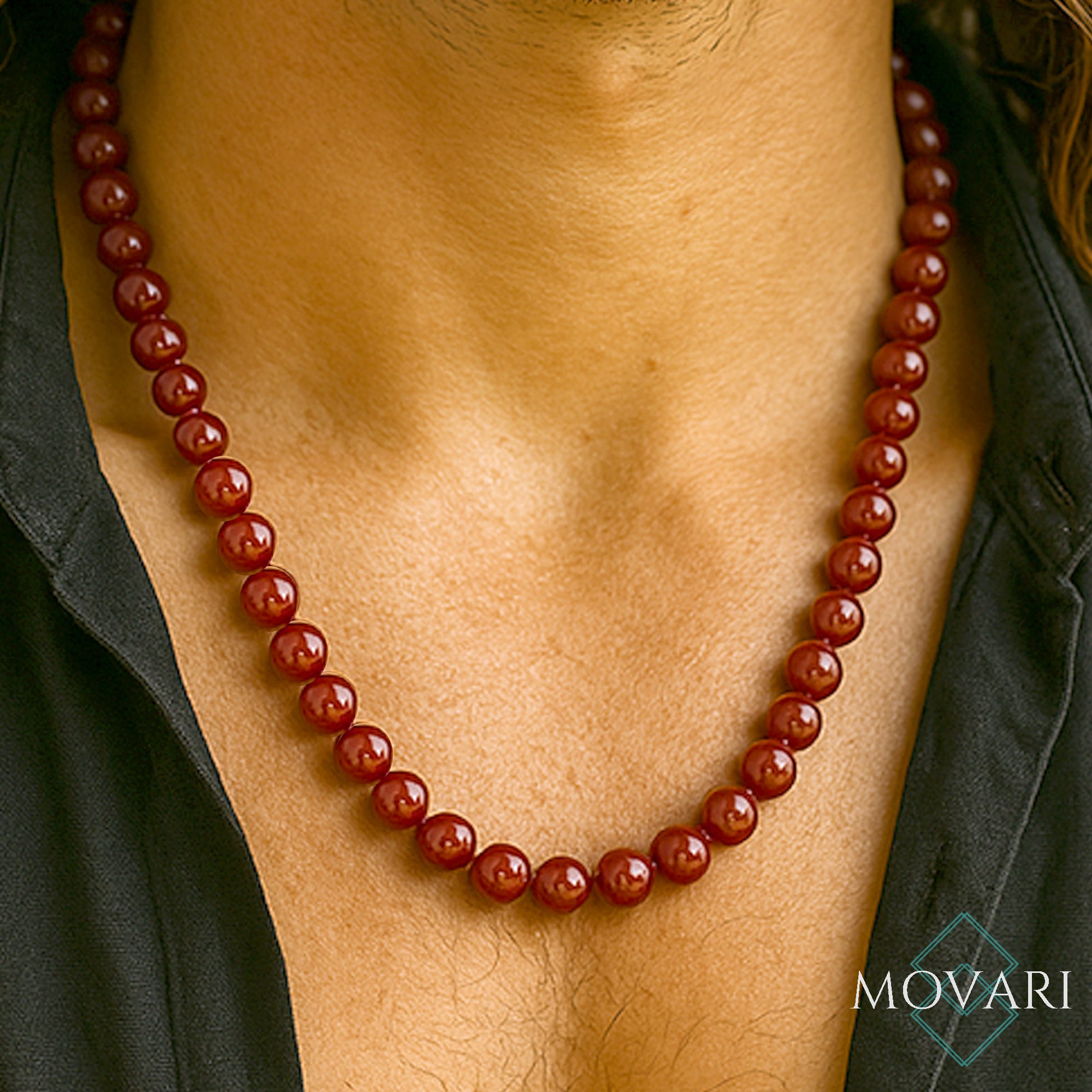 8mm Deep Red Jade Beaded Necklace Handmade in USA