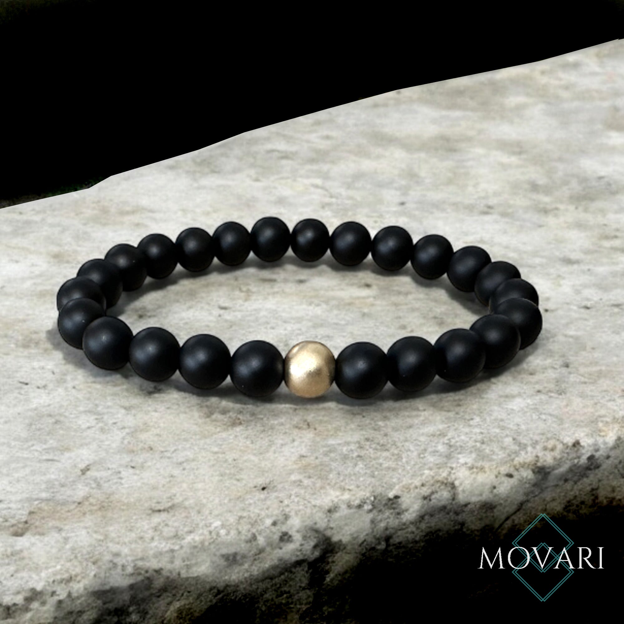 Matte 14k Gold Black Onyx Bead Stretch Bracelet