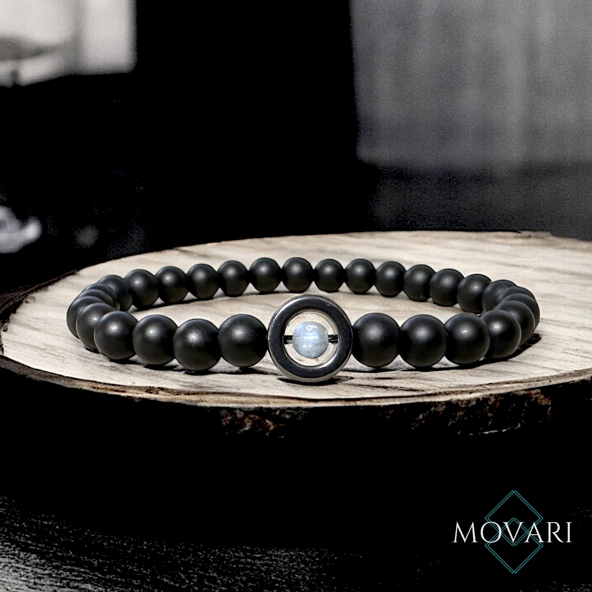 mens Floating Rainbow Moonstone Bracelet Onyx Hematite 6mm