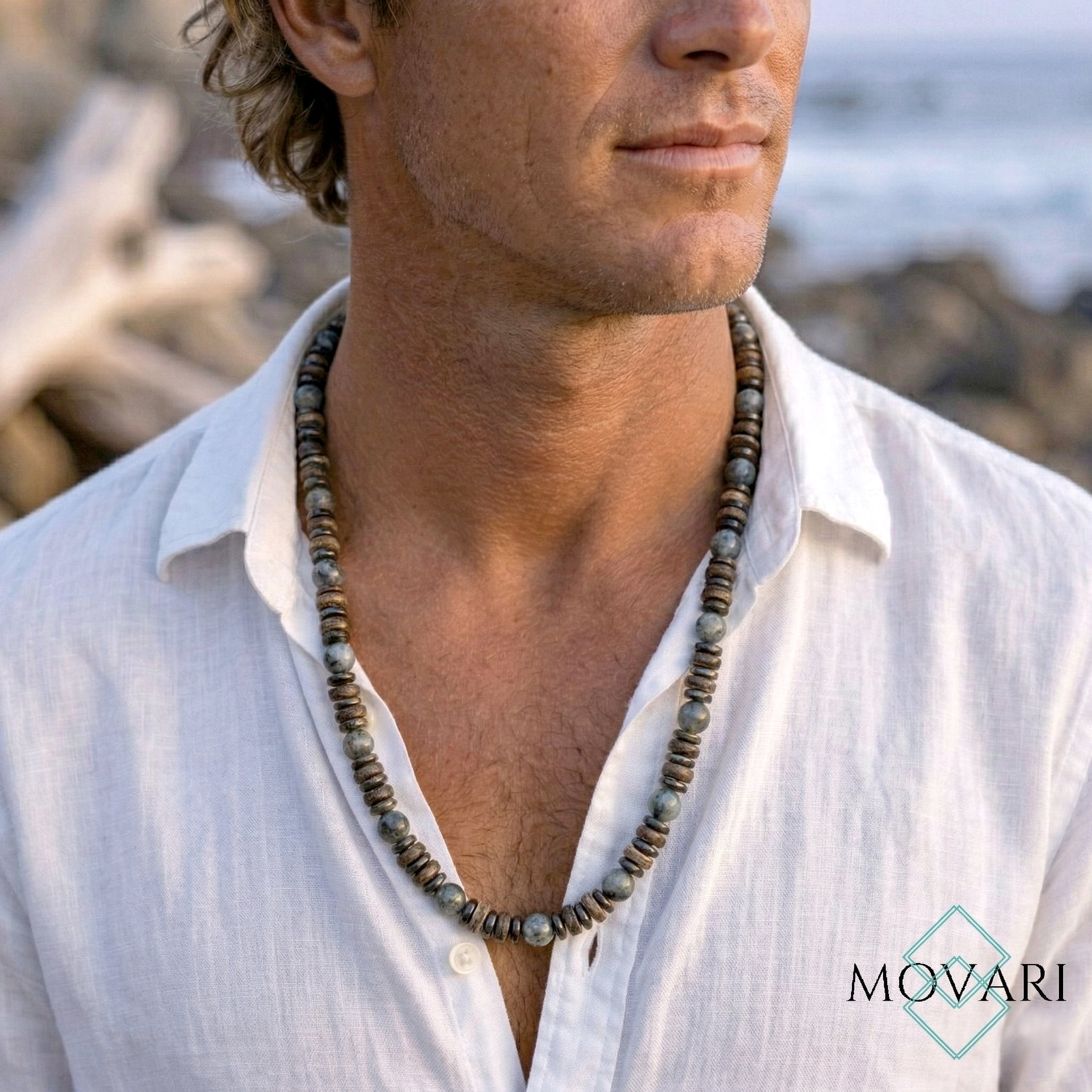 Surfer Necklace Larvikite Coconut 8mm For Men Handmade in U.S.A.