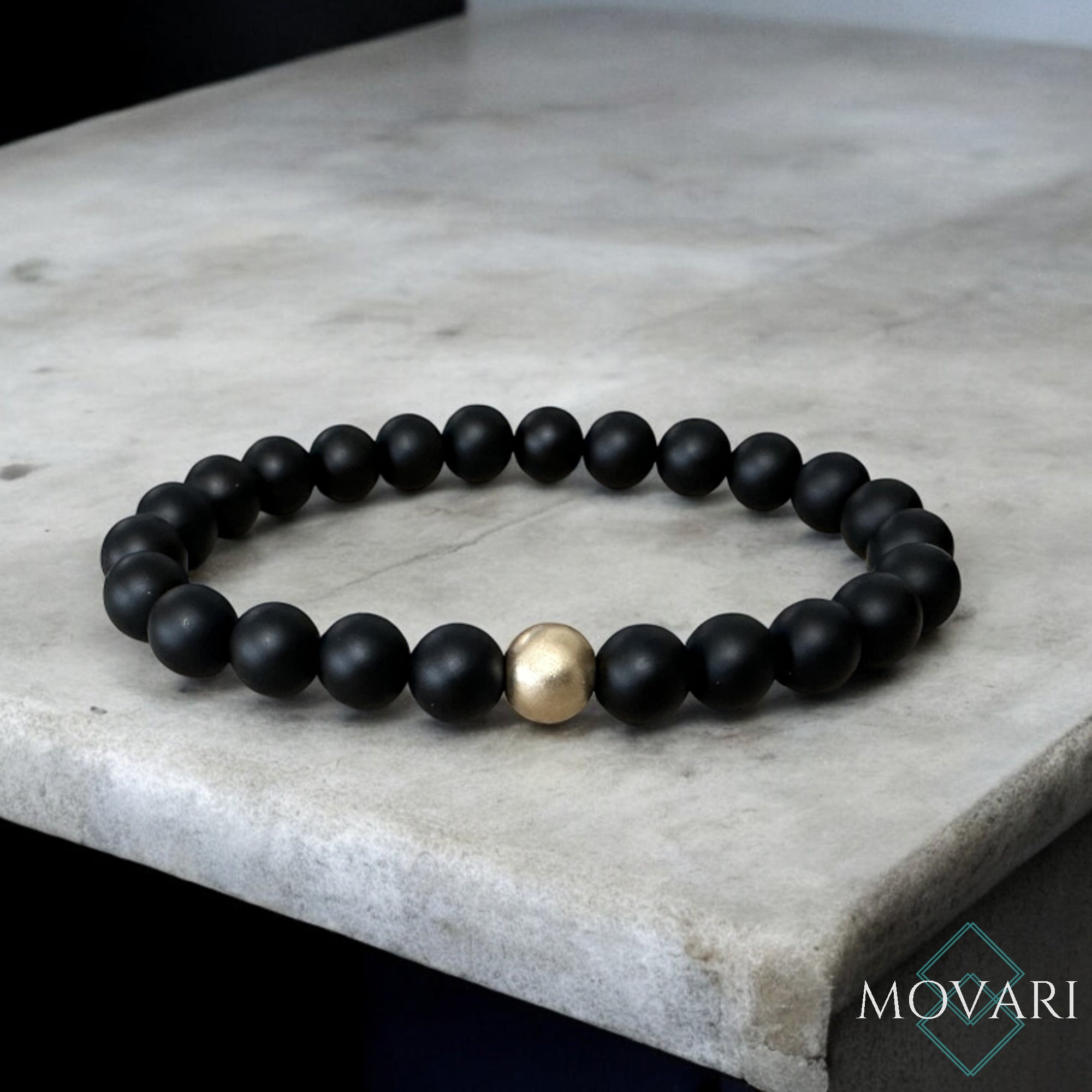 Matte 14k Gold Black Onyx Bead Stretch Bracelet