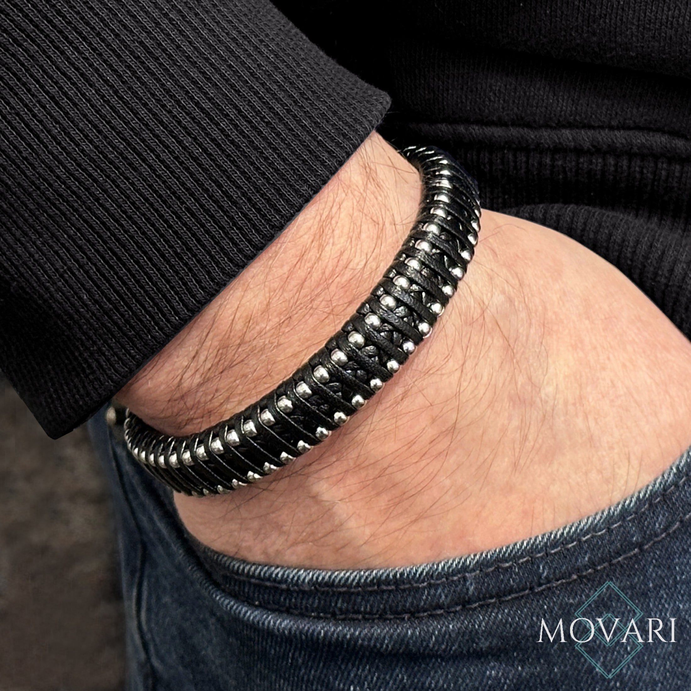 Handmade quality genuine leather and steel bracelet sophisticated jewelry with an edge