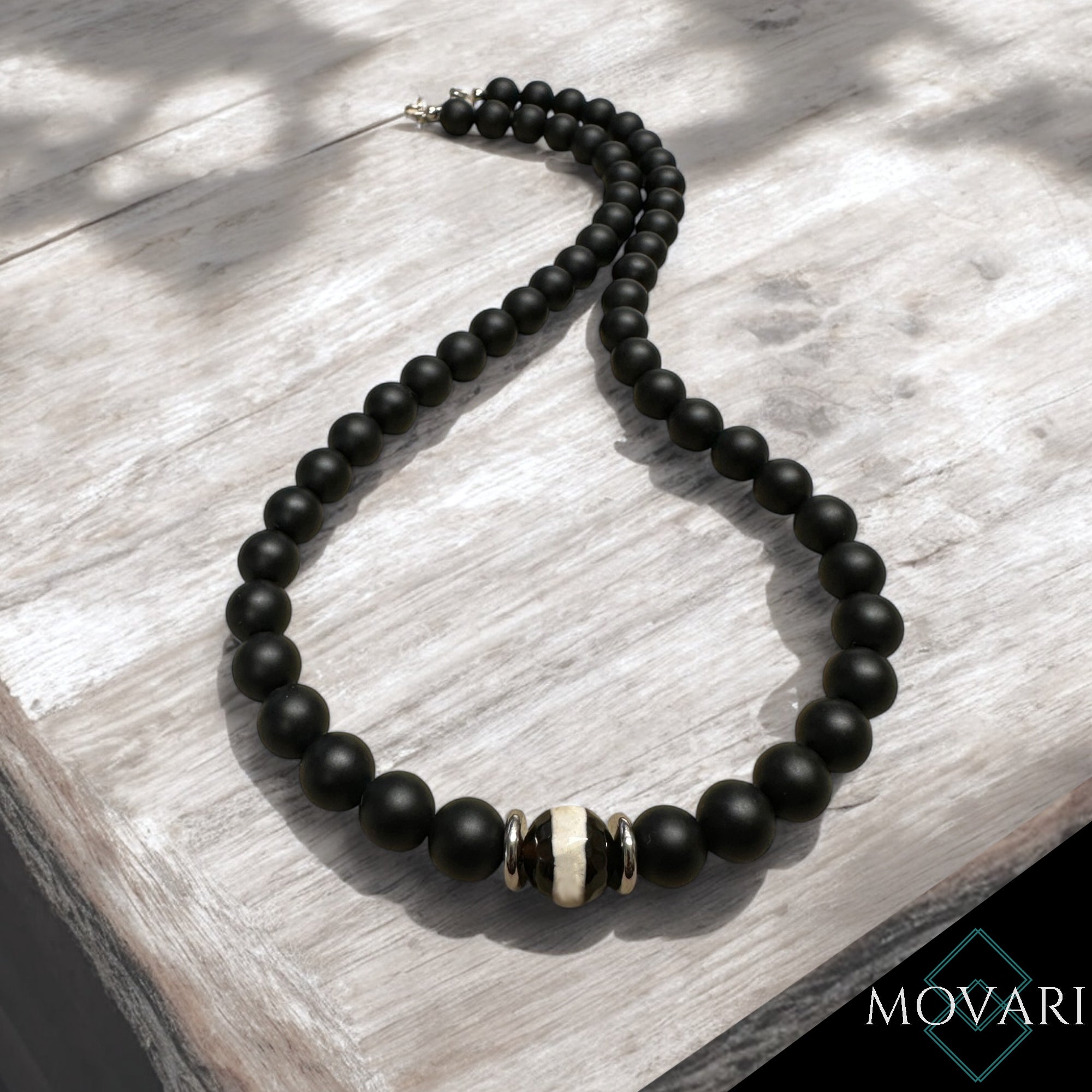 Mens Dzi Bead Necklace 10mm Tibetan Black Onyx Spiritual Jewelry
