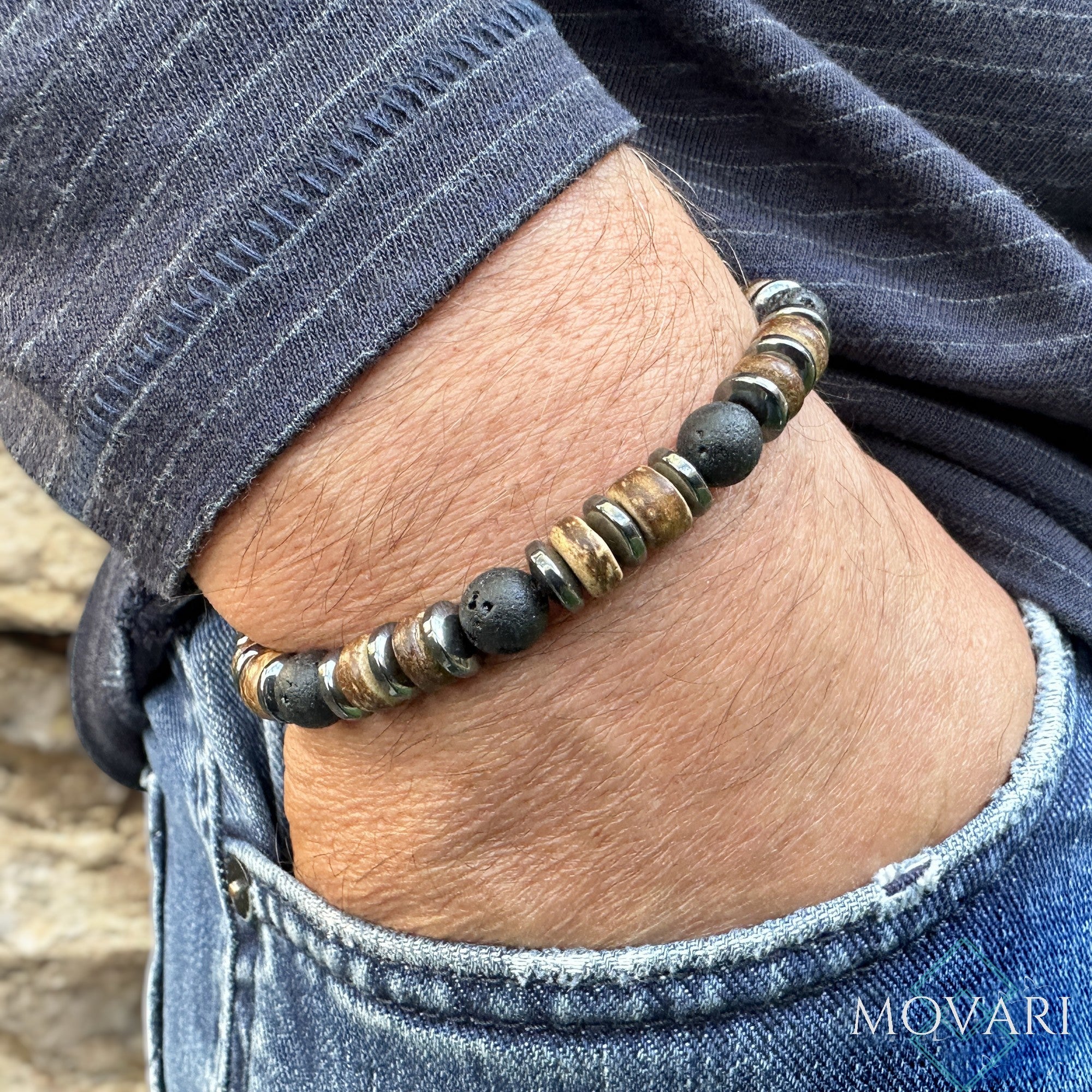 Men's Lava Wood & Hematite Bracelet