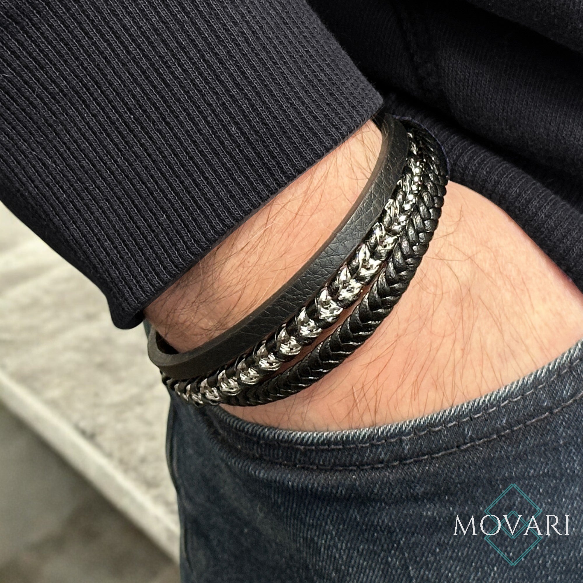 Layered Black Leather Bracelets For Men Handmade In The US