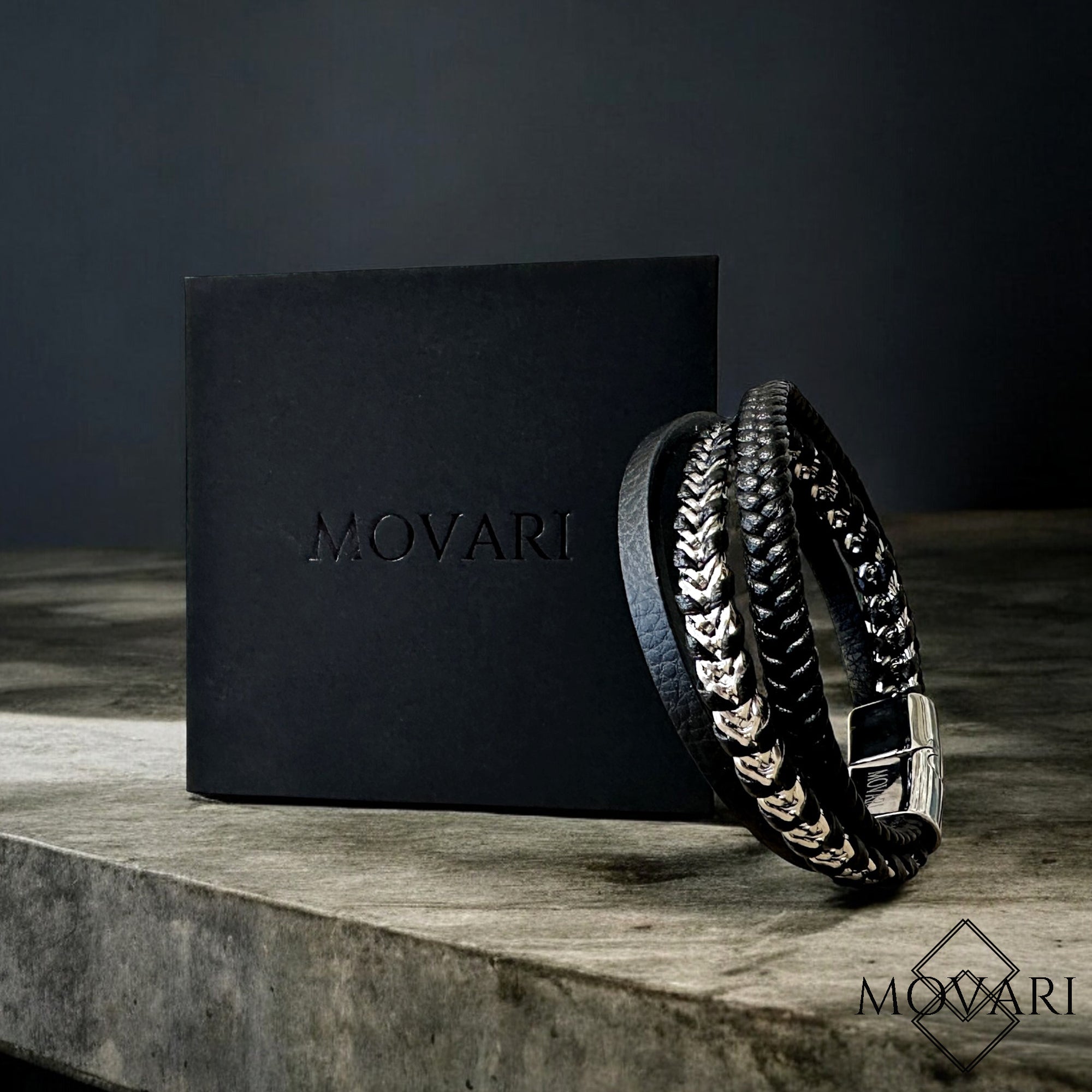 High quality stainless steel and braided leather triple layer bracelet Movari Jewelry USA