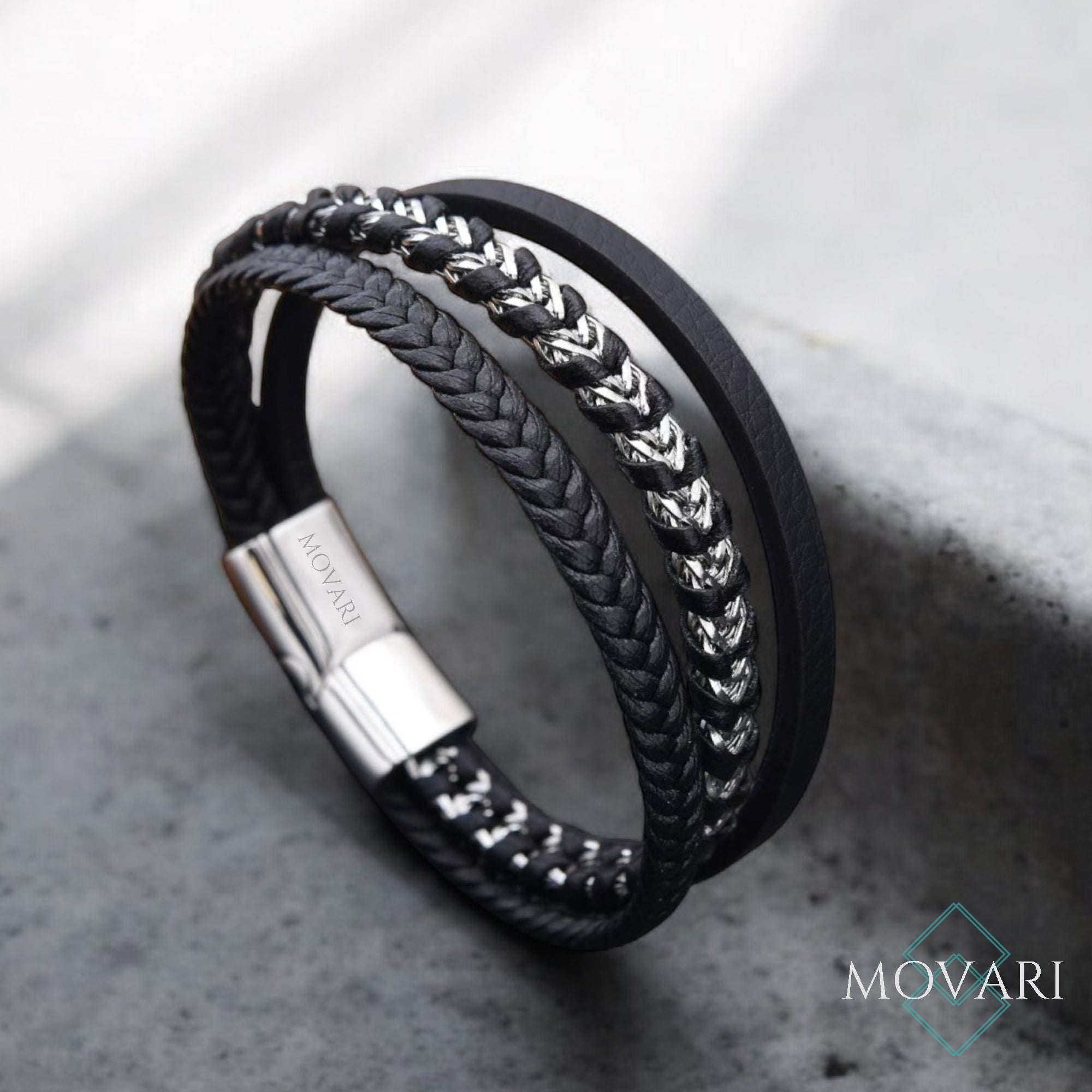 Silver and black triple layer men's leather bracelet handmade USA