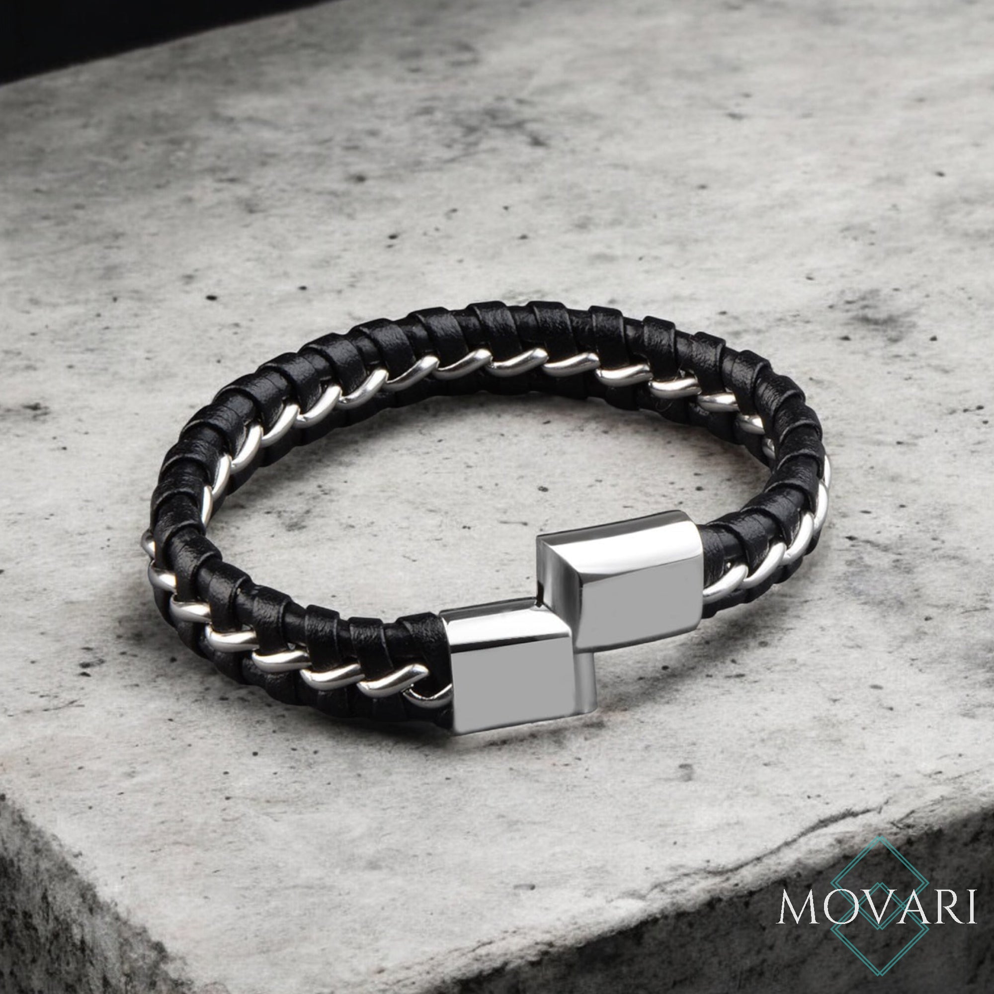 genuine leather and steel woven bracelet cuff for men quality jewelry Movari