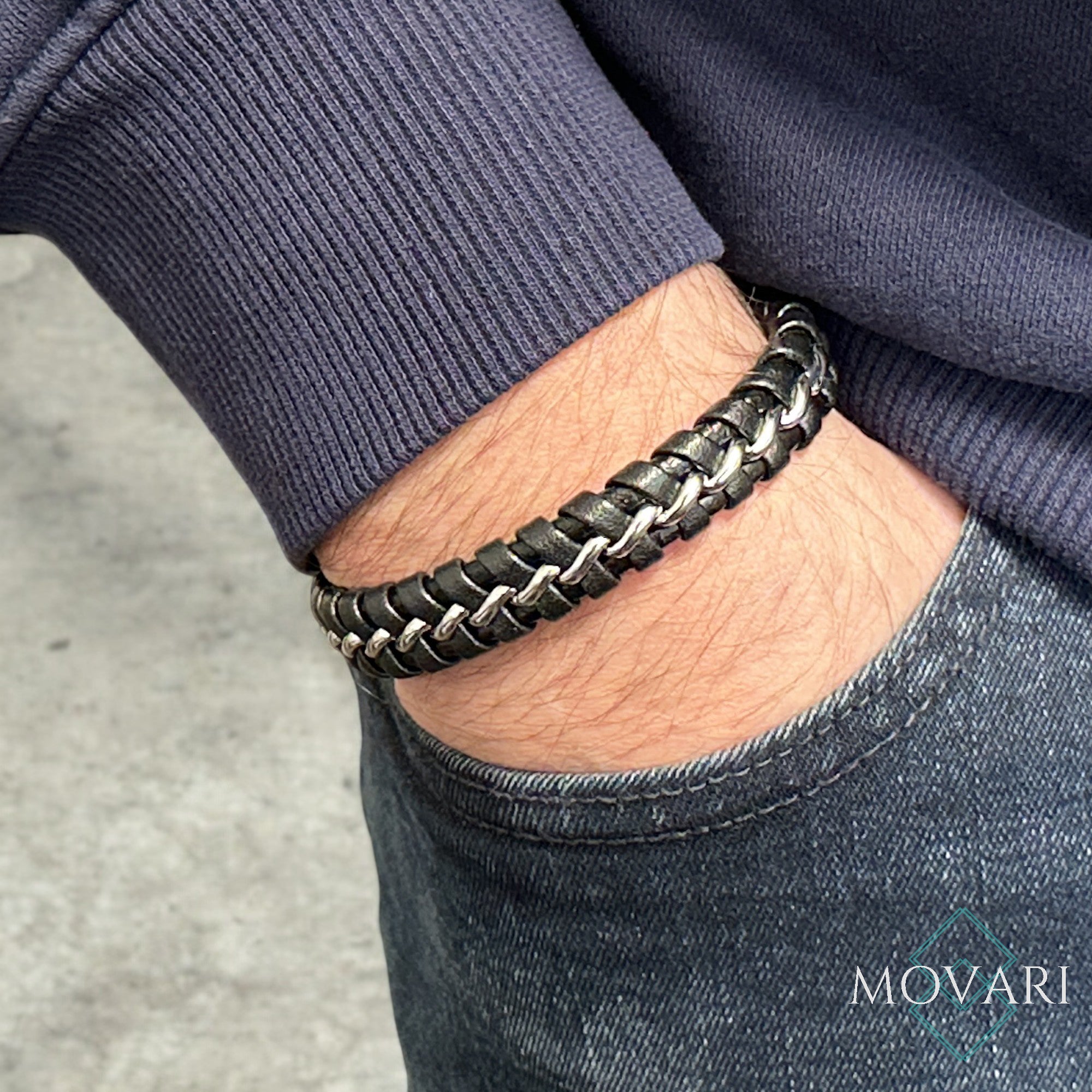 Black leather and stainless steel men's bracelet. Movari Jewelry Handcrafted In The USA