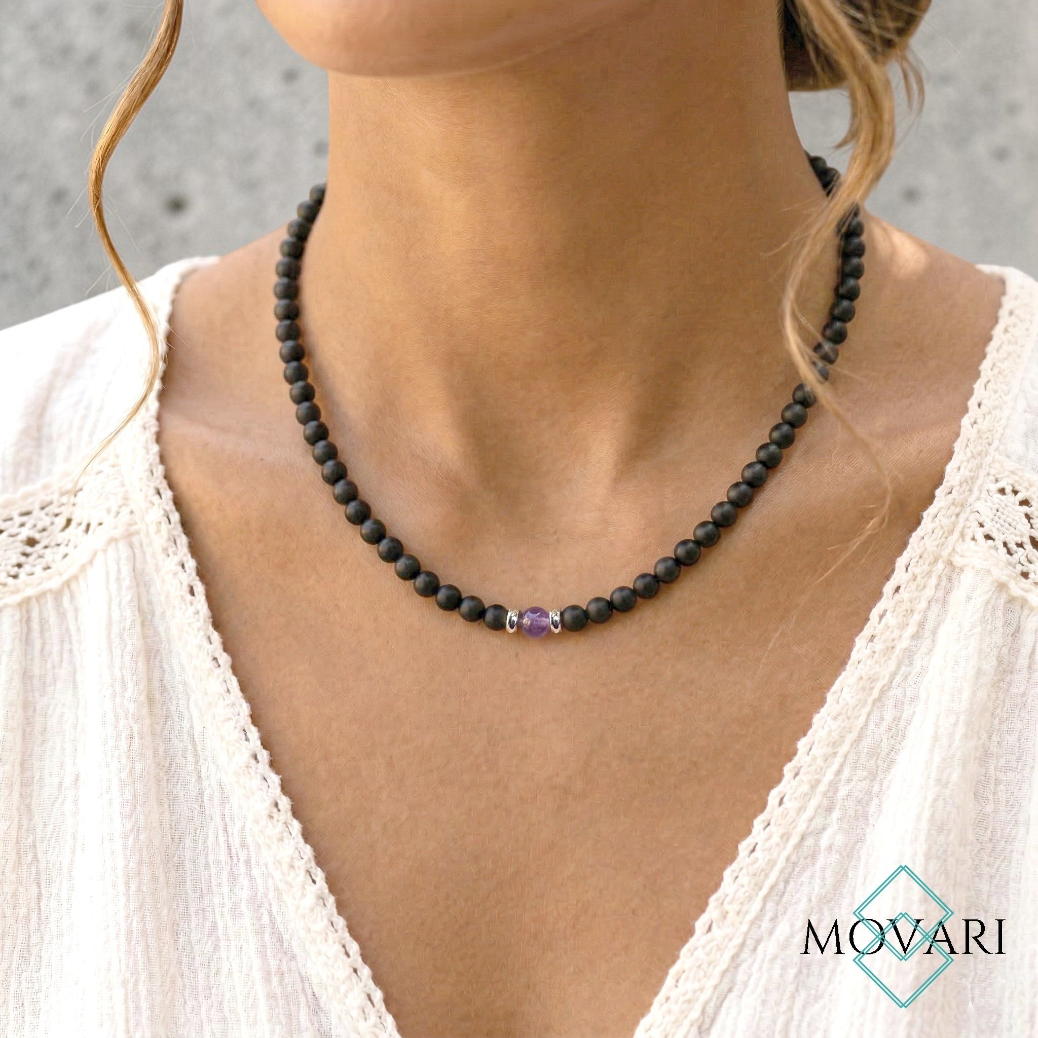 Personalized Birthstone Necklace 6mm Matte Black Onyx