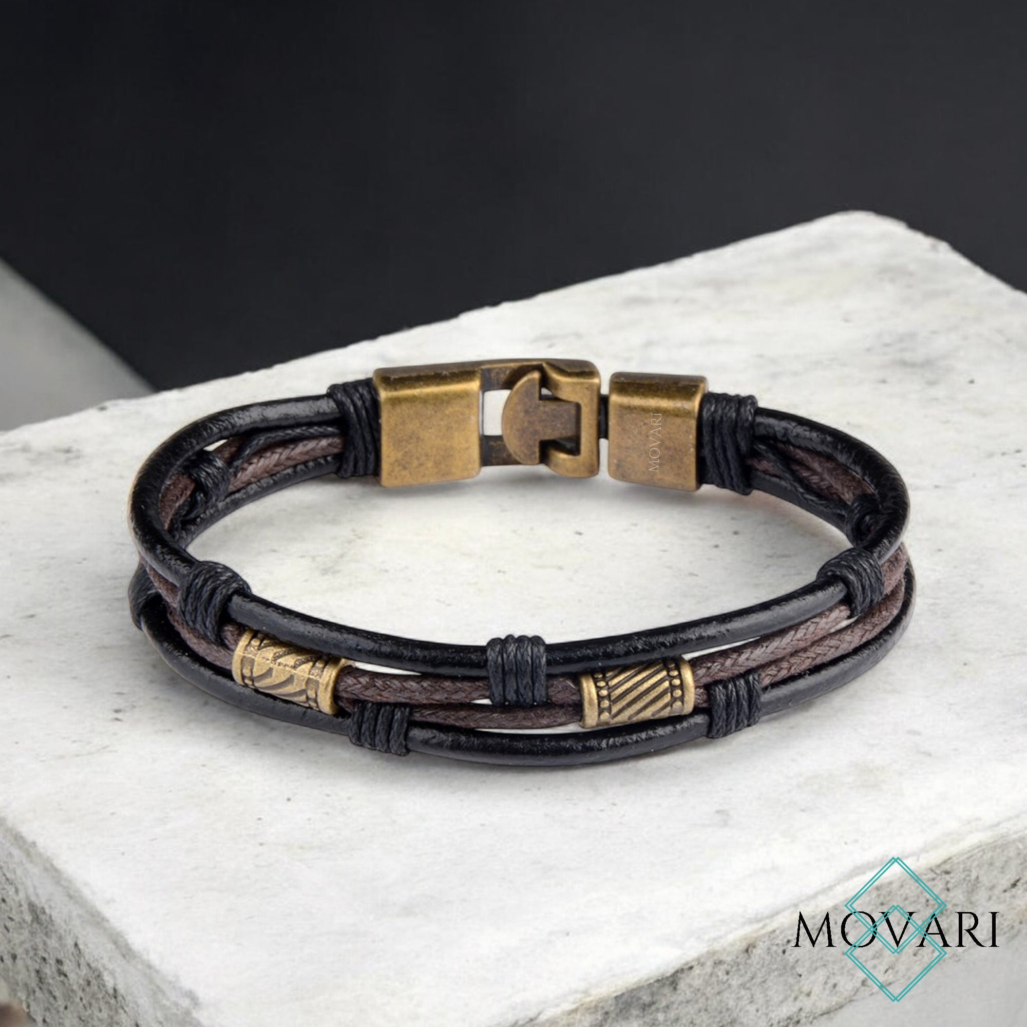boho bracelets for men black and brown leather bracelet Movari USA
