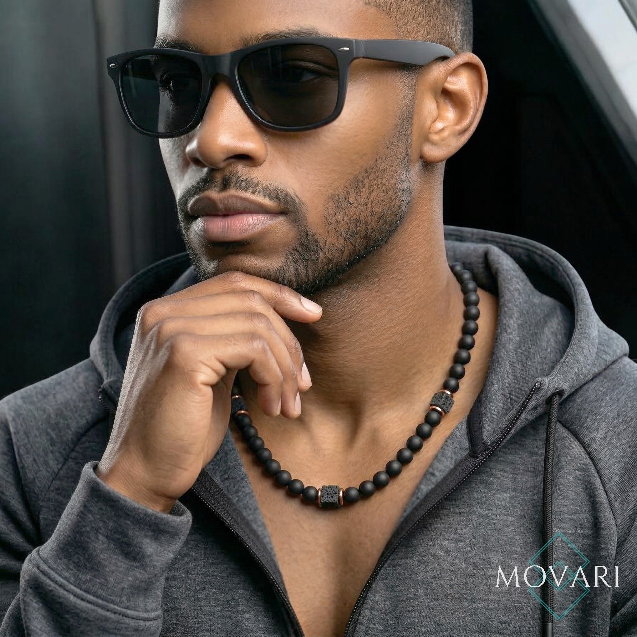 mens black beaded necklace onyx necklace 8mm beaded necklace for men Lava and copper necklace