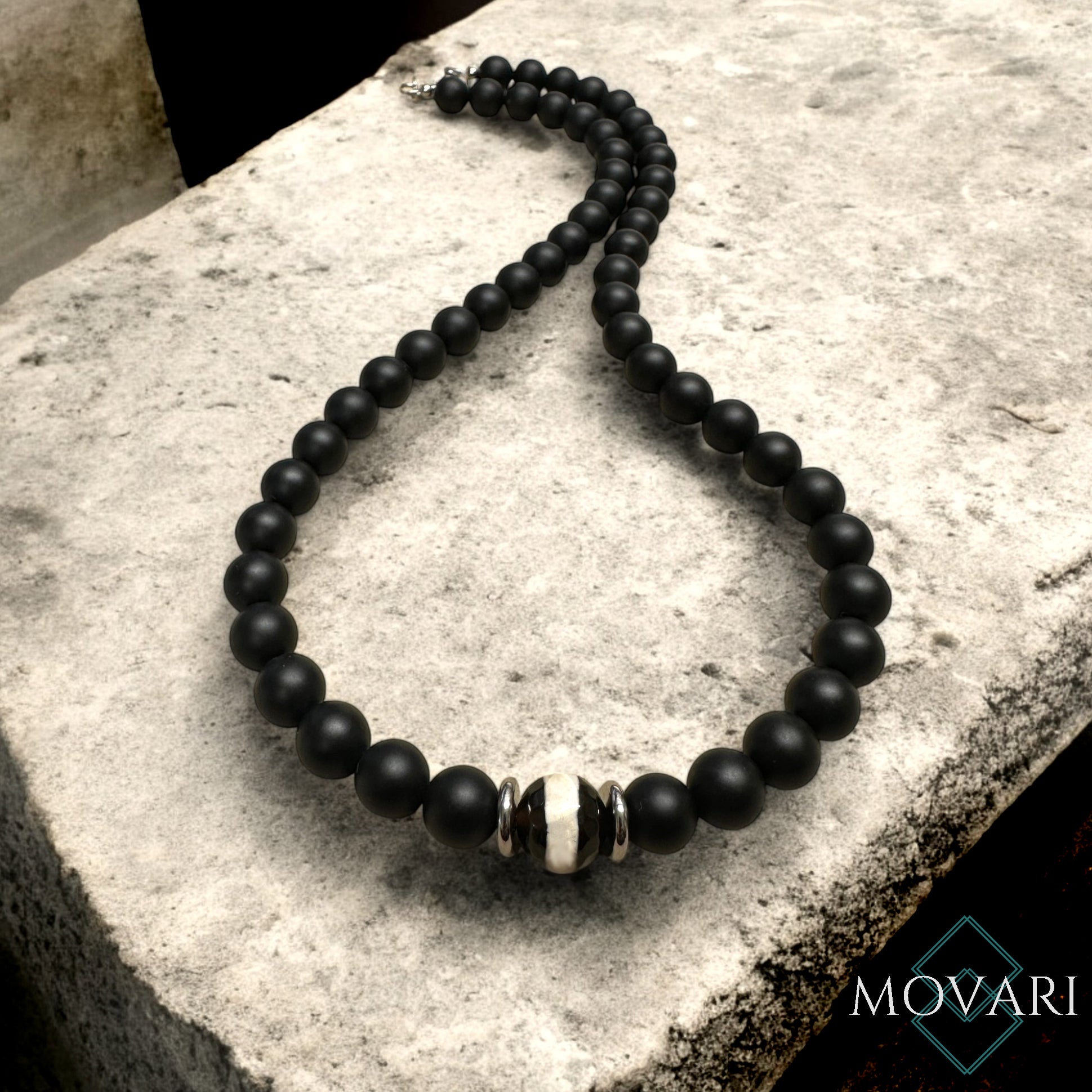 Mens Dzi Bead Necklace 10mm Tibetan Black Onyx Spiritual Jewelry
