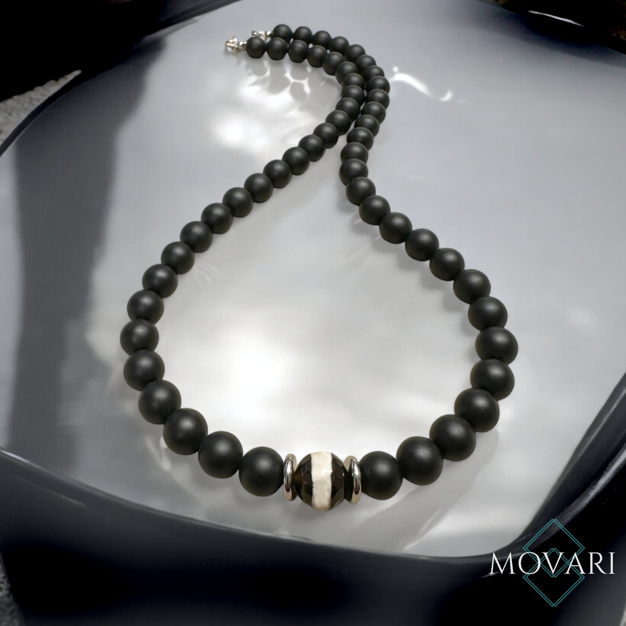 Mens Dzi Bead Necklace 10mm Tibetan Black Onyx Spiritual Jewelry